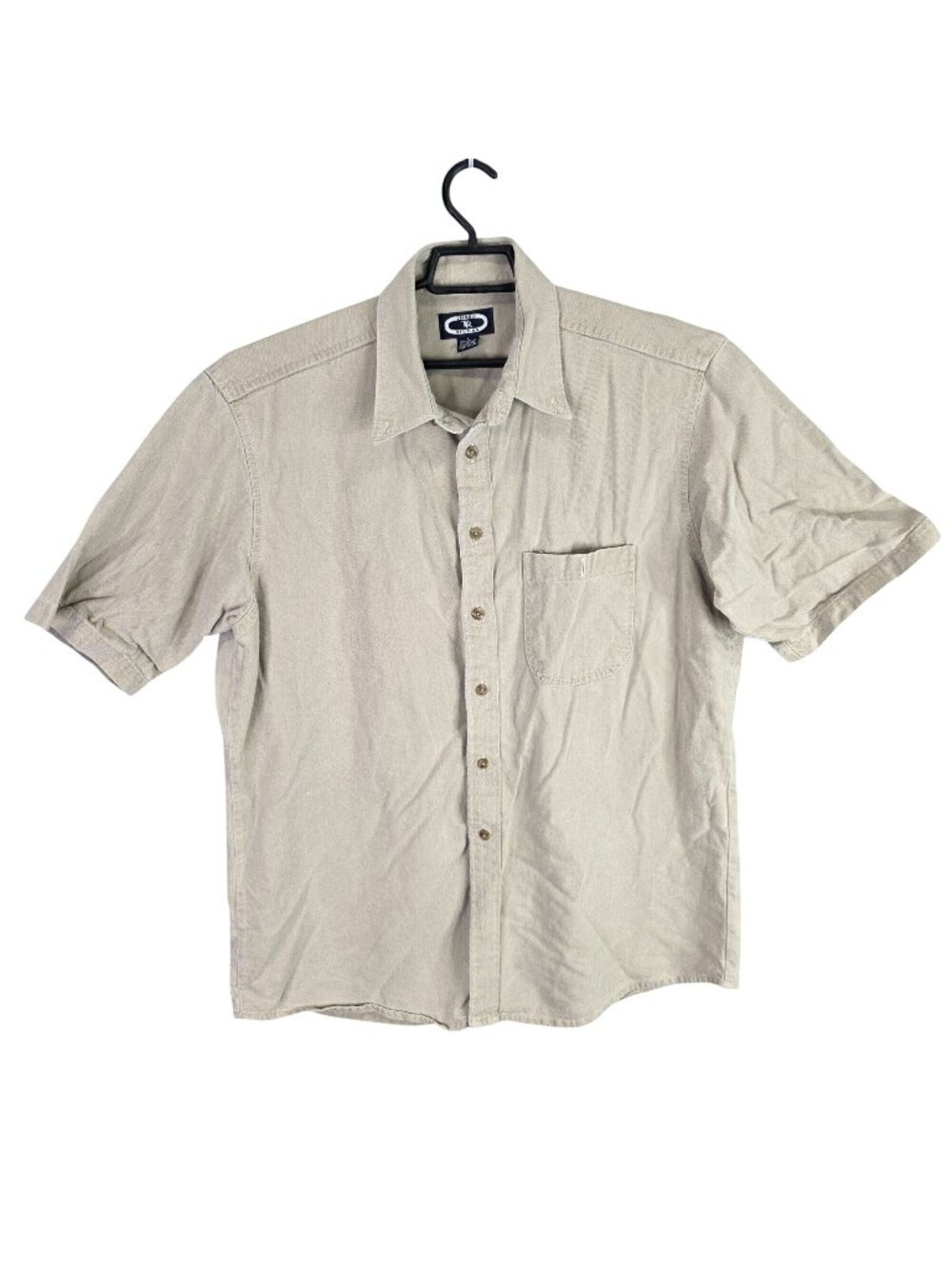 Mens Vintage Three Rivers Beige Button Up Shirt Short Sleeve 100% Cotton Size L